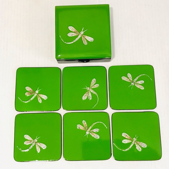 Lacquer Dragonfly Coasters Non Skid Back in Wood Lacquered Box Green/Black Set-6 - Picture 1 of 6